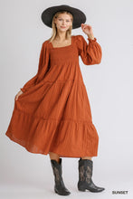 Load image into Gallery viewer, Ruffle Cuffed Long Sleeve Square Neckline Smocked Peasant Midi Dress
