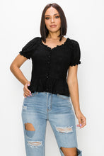 Load image into Gallery viewer, Peplum Eyelet Puff Sleeve Top
