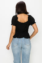 Load image into Gallery viewer, Peplum Eyelet Puff Sleeve Top
