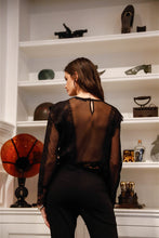 Load image into Gallery viewer, Black Mesh Lace Trim Stitch Details Long Sleeve Top
