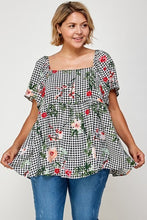 Load image into Gallery viewer, Plus Size Floral Check Printed Rayon Challis Square Neck Fashion Top
