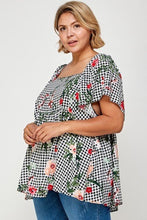 Load image into Gallery viewer, Plus Size Floral Check Printed Rayon Challis Square Neck Fashion Top
