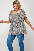 Load image into Gallery viewer, Plus Size Floral Check Printed Rayon Challis Square Neck Fashion Top
