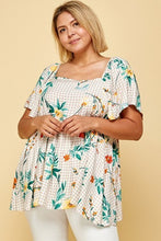 Load image into Gallery viewer, Plus Size Floral Check Printed Rayon Challis Square Neck Fashion Top
