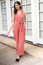 Load image into Gallery viewer, Rust Striped V-neck Self-tie Belt Flare Hem Wide Leg Jumpsuit
