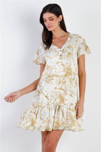 Load image into Gallery viewer, Olive &amp; Taupe Color Paint Print Ruffle Hem Button Up Detail Mini Dress
