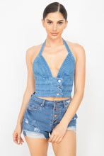 Load image into Gallery viewer, Denim Halter Neck Seamed Crop Top
