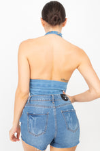 Load image into Gallery viewer, Denim Halter Neck Seamed Crop Top
