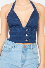 Load image into Gallery viewer, Denim Halter Neck Seamed Crop Top

