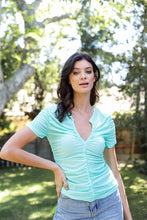 Load image into Gallery viewer, Mesh Ruched Cut-out Detail Short Sleeve Top
