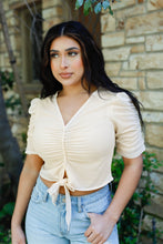 Load image into Gallery viewer, Mesh Button Up Self-tie Detail Ruched Short Sleeve Crop Top
