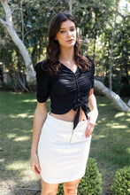 Load image into Gallery viewer, Mesh Button Up Self-tie Detail Ruched Short Sleeve Crop Top
