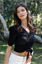 Load image into Gallery viewer, Mesh Button Up Self-tie Detail Ruched Short Sleeve Crop Top
