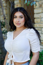 Load image into Gallery viewer, Mesh Button Up Self-tie Detail Ruched Short Sleeve Crop Top
