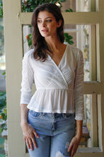 Load image into Gallery viewer, Mesh Wrap V-neck Flare Hem Ruched Long Sleeve Top

