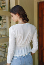 Load image into Gallery viewer, Mesh Wrap V-neck Flare Hem Ruched Long Sleeve Top
