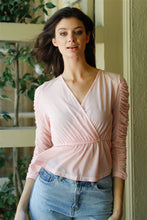 Load image into Gallery viewer, Mesh Wrap V-neck Flare Hem Ruched Long Sleeve Top
