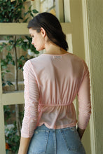 Load image into Gallery viewer, Mesh Wrap V-neck Flare Hem Ruched Long Sleeve Top
