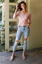 Load image into Gallery viewer, Mesh Wrap V-neck Flare Hem Ruched Long Sleeve Top
