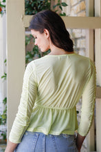 Load image into Gallery viewer, Mesh Wrap V-neck Flare Hem Ruched Long Sleeve Top
