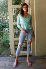 Load image into Gallery viewer, Mesh Wrap V-neck Flare Hem Ruched Long Sleeve Top
