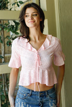 Load image into Gallery viewer, Embroidered Flare Trim Self-tie Detail Collared Crop Top
