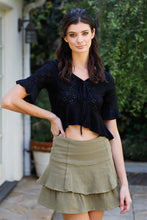 Load image into Gallery viewer, Embroidered Flare Trim Self-tie Detail Collared Crop Top
