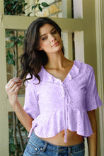 Load image into Gallery viewer, Embroidered Flare Trim Self-tie Detail Collared Crop Top
