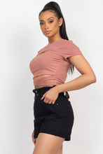 Load image into Gallery viewer, Self-tie Ribbon Front Cutout Crop Top
