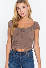 Load image into Gallery viewer, Short Sleeve Front Tie Ruched Detail Woven Top
