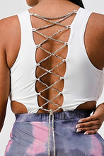 Load image into Gallery viewer, White Sleeveless Top With Detachable Rhinestone Cross Open Back With Bodycon Tie Dye Ruched Mini Dress
