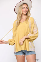 Load image into Gallery viewer, Solid Crinkle And Print Mix Raglan Sleeve Top With Tassel Tie
