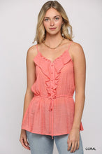 Load image into Gallery viewer, Solid Textured And Button Detail Ruffle Cami Top With Elastic Waist And Drawstring
