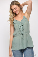 Load image into Gallery viewer, Solid Textured And Button Detail Ruffle Cami Top With Elastic Waist And Drawstring
