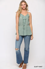 Load image into Gallery viewer, Solid Textured And Button Detail Ruffle Cami Top With Elastic Waist And Drawstring
