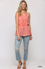 Load image into Gallery viewer, Solid Textured And Button Detail Ruffle Cami Top With Elastic Waist And Drawstring
