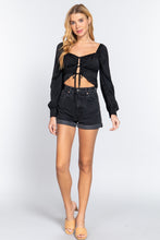 Load image into Gallery viewer, Long Sleeve Sweetheart Neck Front Ribbon Tie Detail Woven Top
