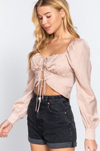 Load image into Gallery viewer, Long Sleeve Sweetheart Neck Front Ribbon Tie Detail Woven Top
