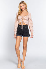 Load image into Gallery viewer, Long Sleeve Sweetheart Neck Front Ribbon Tie Detail Woven Top
