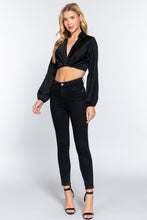 Load image into Gallery viewer, Long Sleeve Notched Collar Front Twisted Detail Crop Woven Top
