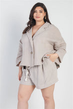 Load image into Gallery viewer, Plus Grey Button-up Collared Neck Blazer High Waist Shorts Set
