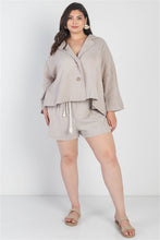 Load image into Gallery viewer, Plus Grey Button-up Collared Neck Blazer High Waist Shorts Set
