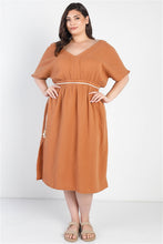 Load image into Gallery viewer, Plus Sand Textured Trim V-neck Belted Midi Dress
