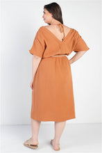 Load image into Gallery viewer, Plus Sand Textured Trim V-neck Belted Midi Dress
