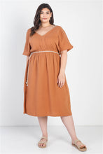 Load image into Gallery viewer, Plus Sand Textured Trim V-neck Belted Midi Dress
