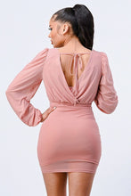 Load image into Gallery viewer, Lux Mesh Layered Lining V Neck Bubble Slv Bodycon Dress
