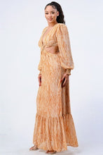 Load image into Gallery viewer, Printed V Neck Self Belted Side Cut Out Ruffled Maxi Dress
