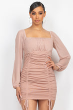 Load image into Gallery viewer, Ruched Square Neck Mesh Sleeve Dress
