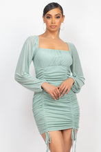 Load image into Gallery viewer, Ruched Square Neck Mesh Sleeve Dress
