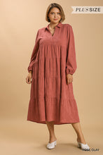Load image into Gallery viewer, Textured Long Sleeve Collar Split Neck Tiered Maxi Dress
